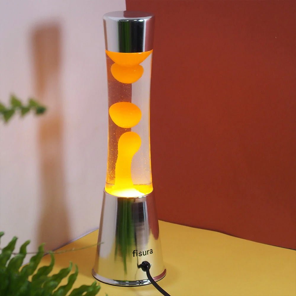 Lampe à lave avec base chromée, liquide transparent et lave orange