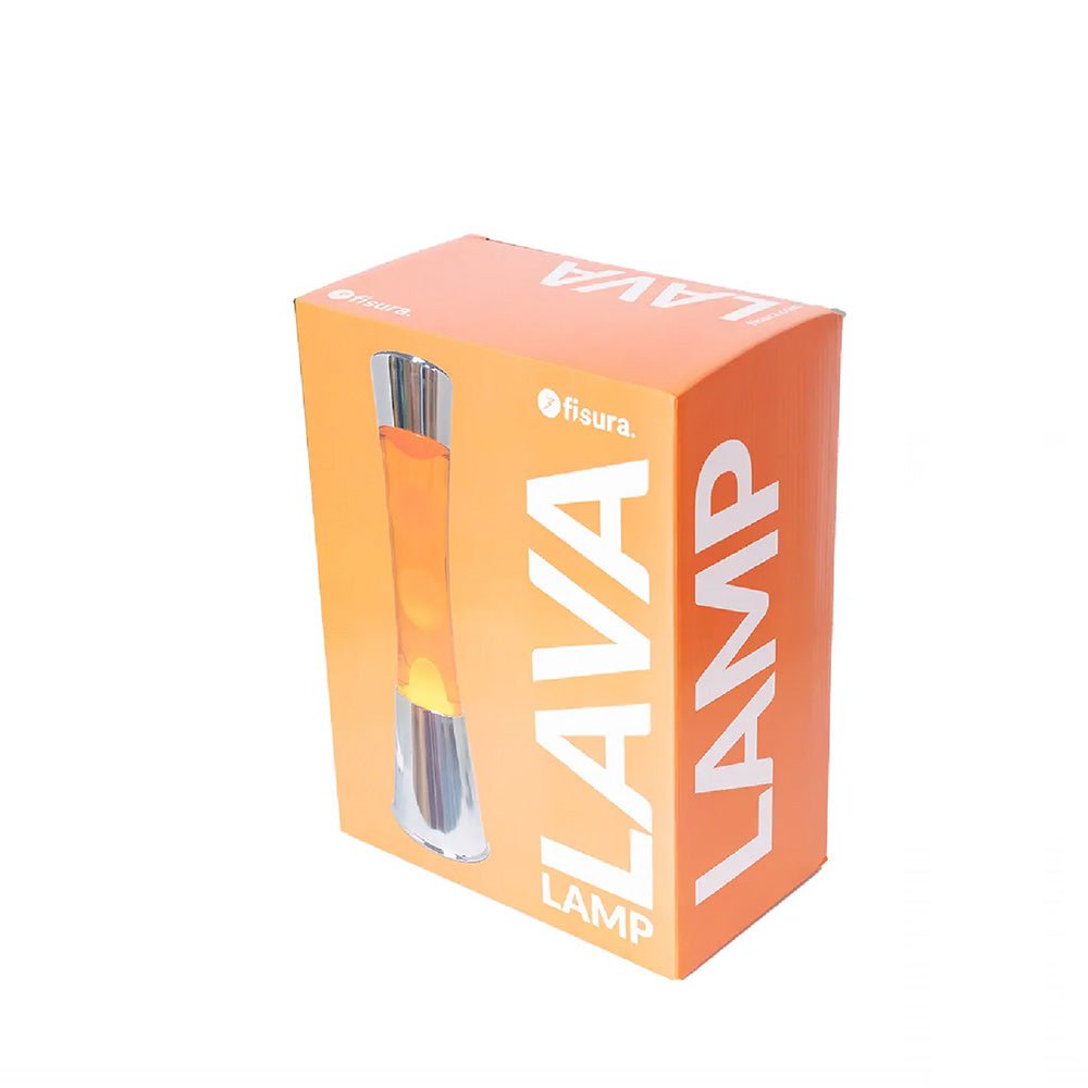 Lampe à lave avec base chromée, liquide transparent et lave orange