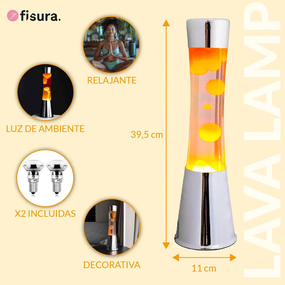 Lampe à lave avec base chromée, liquide transparent et lave orange