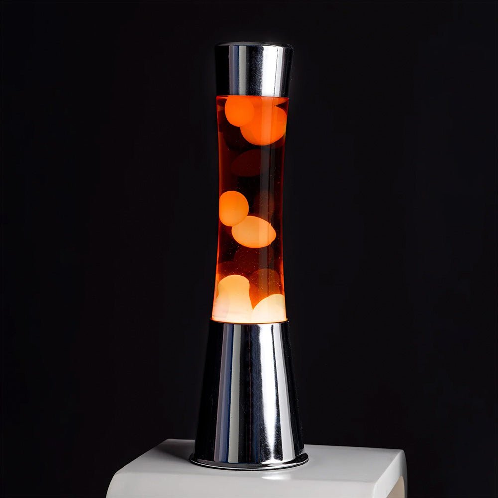 Lava Lamp with Chrome Base, Orange Liquid, and Orange Lava